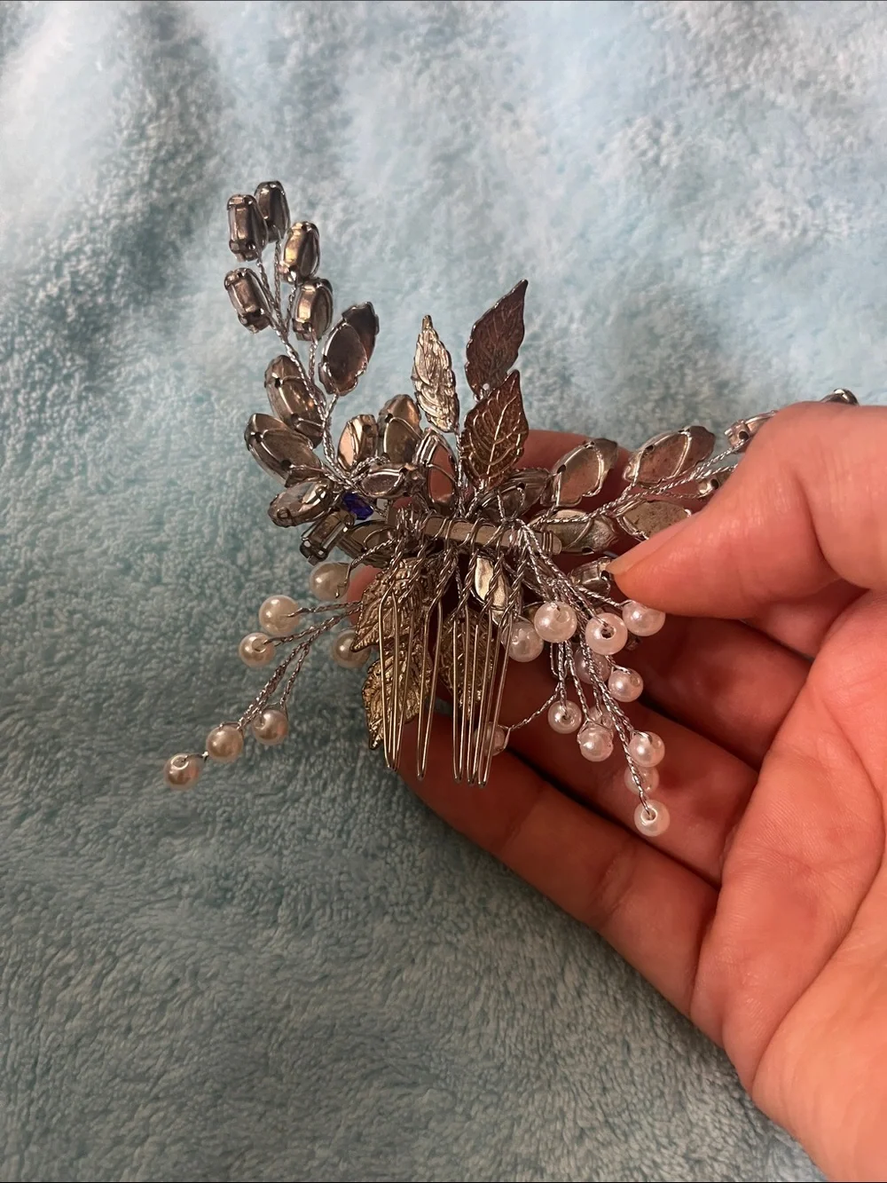 Pearl & Sapphire Blue Crystal Hair Comb